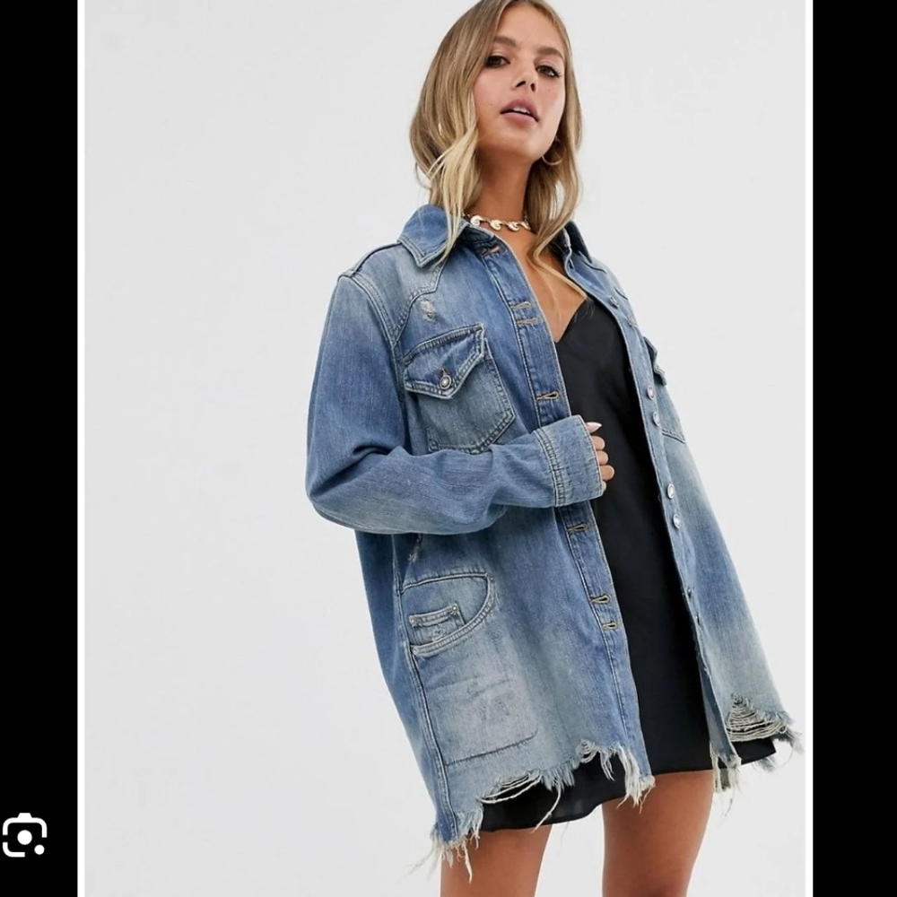 Free People Moonchild Distressed Blue Denim Jacket